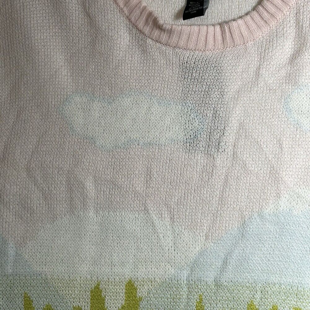 Just Polly New York Women's Medium Sweater Lake Cloud Scene Pink Blue NEW - Picture 2 of 9